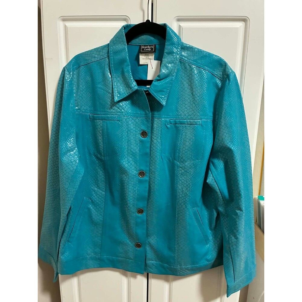 Southern Lady Jacket Womens 16 Turquoise‎ Snakeskin Print Button Front Vintage